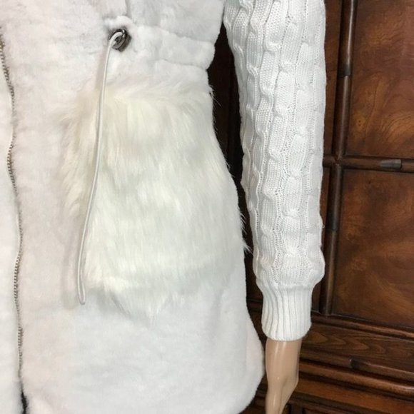 NWOT First Snow Mixed Faux Fur Cable Knit Sleeve Hooded Cardigan Coat - Picture 13 of 16